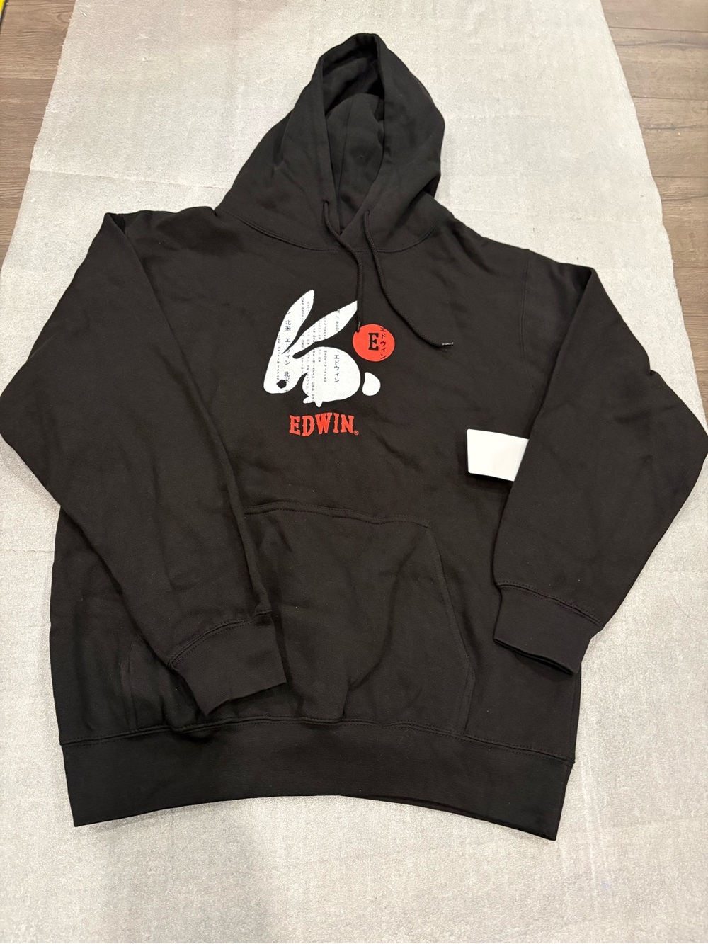Edwin Men’s Black Crewneck Hoodie with White Rabbit Graphic and Red Logo